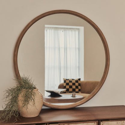 Amora - Grand miroir mural rond en bois chaud 100 cm x 100 cm